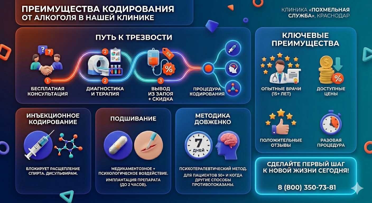 Инфографика о методах кодирования от алкоголя в Большеречье: инъекции, подшивание, метод Довженко. Преимущества клиники и этапы лечения.