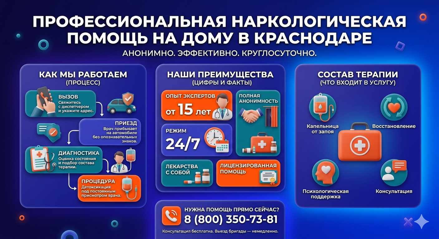 Инфографика о принципах лечения алкоголизма на дому в Большеречье: этапы вызова нарколога, преимущества анонимной детоксикации и состав медицинской помощи.